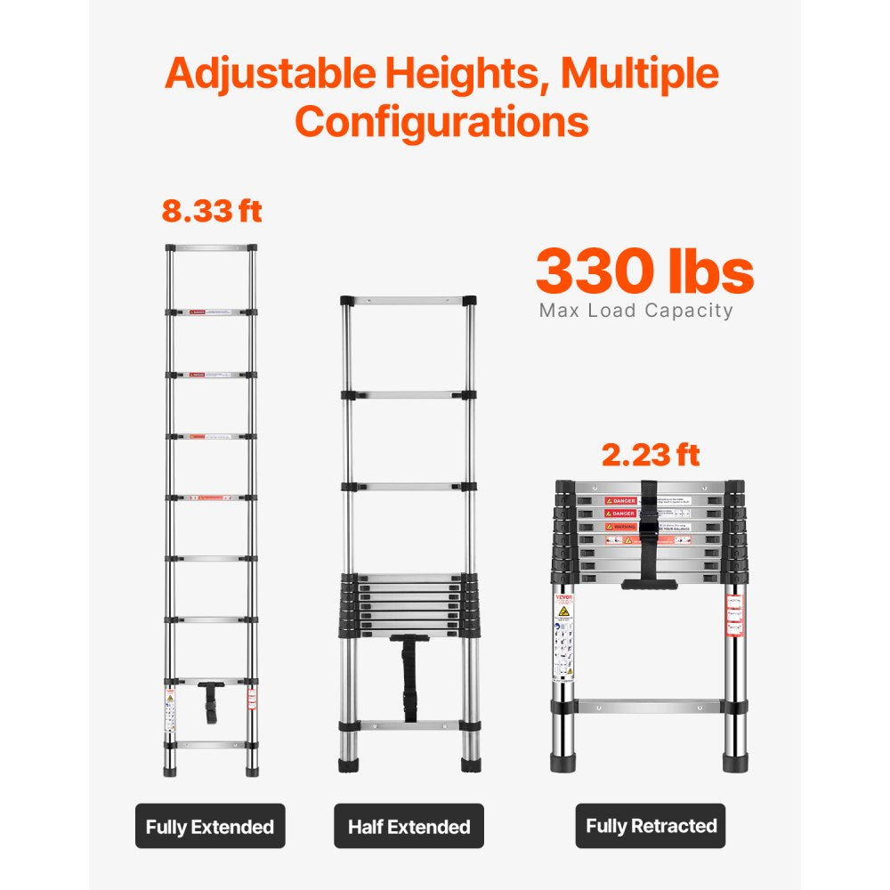 MF-STL260 - 8.5ft Steel Telescoping Ladder with Comfort Steps, 330lbs Capacity