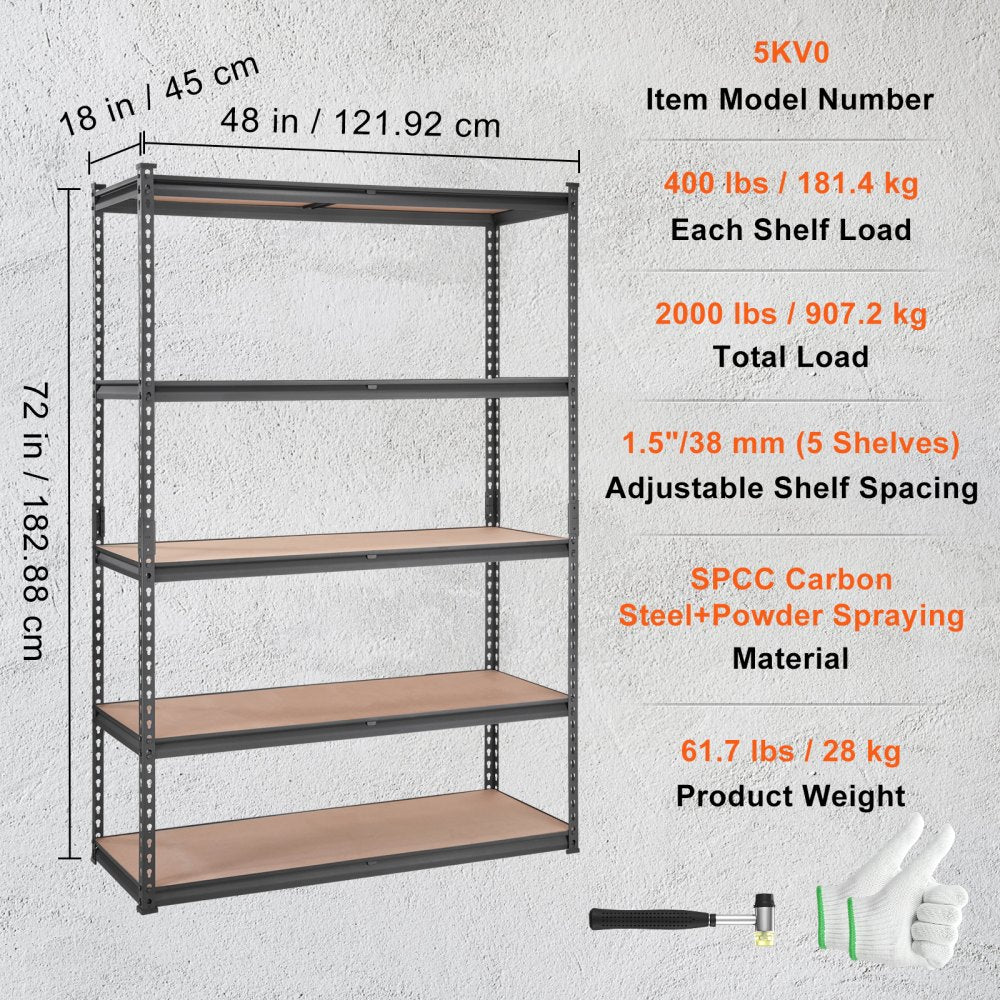 5KV0 - 5-Tier Adjustable Metal Shelving Unit, 400 lbs/Shelf, 18" D x 48" W x 72" H