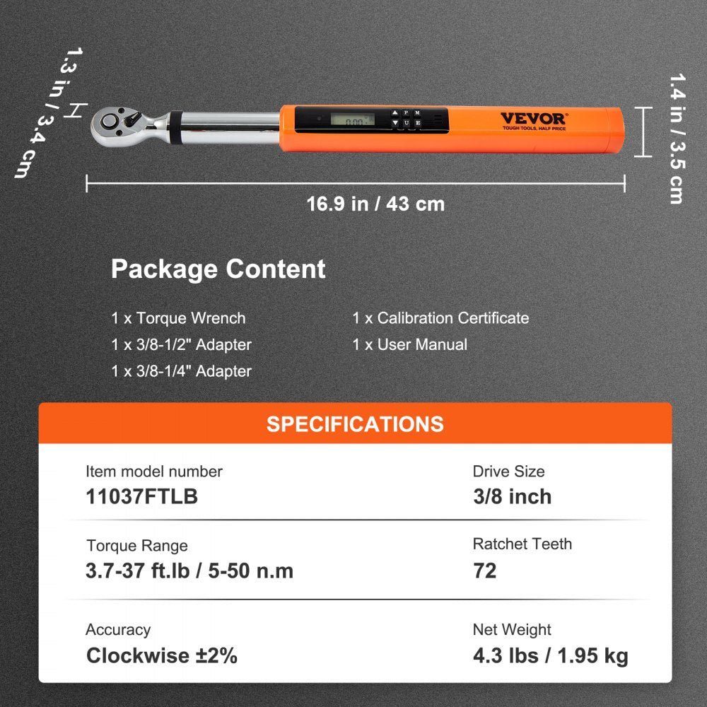 11037FTLB - VEVOR Digital Torque Wrench 3/8" Drive with LED Display