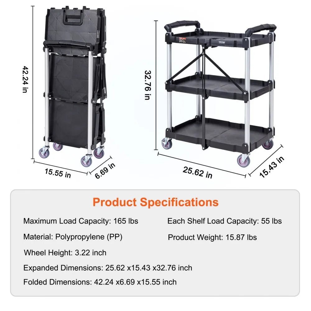 010804567519 - Foldable Heavy-Duty Rolling Cart, 165 lbs Capacity, Space-Saving Design