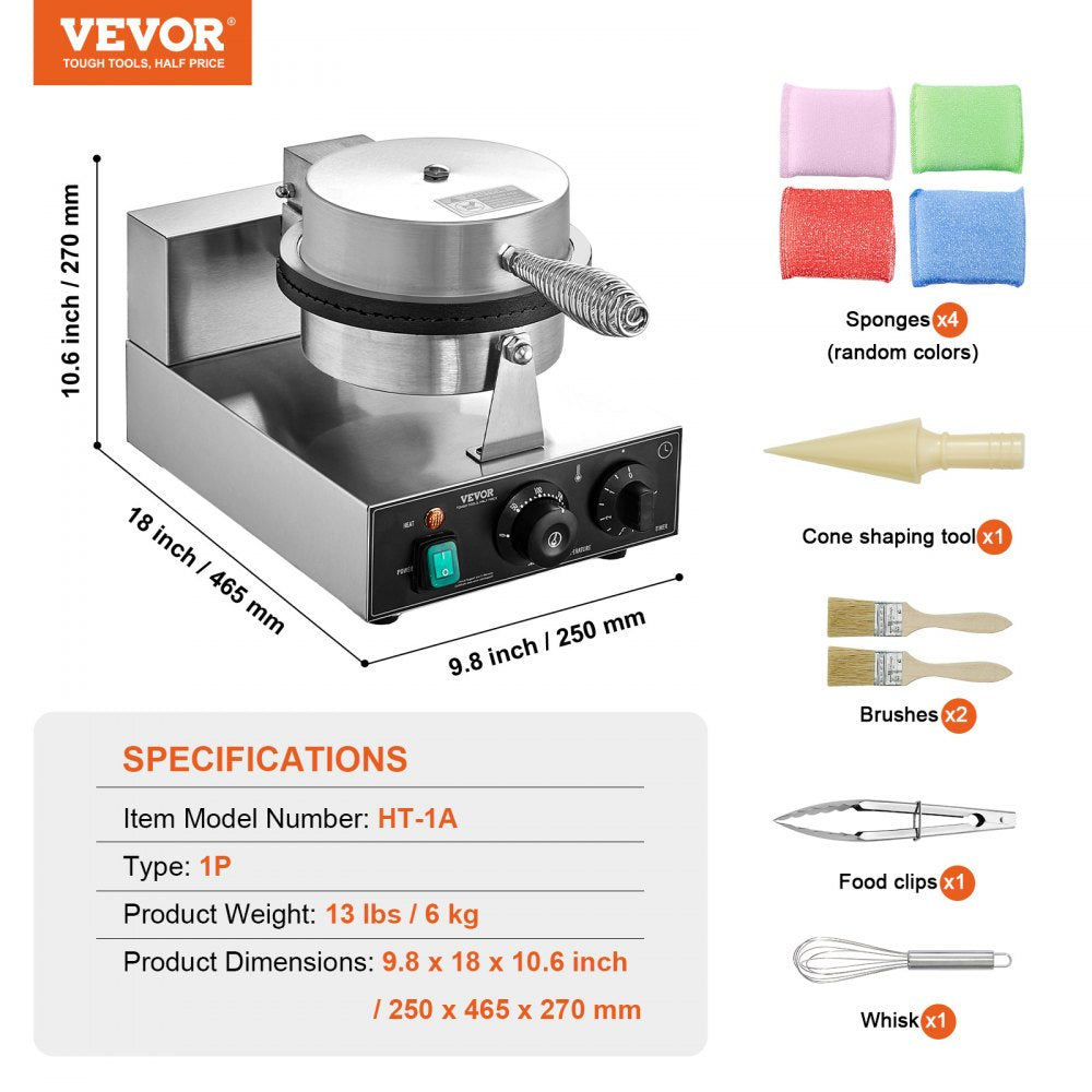 HT-1A - 1230W Commercial Waffle Cone Maker with Non-Stick Plates