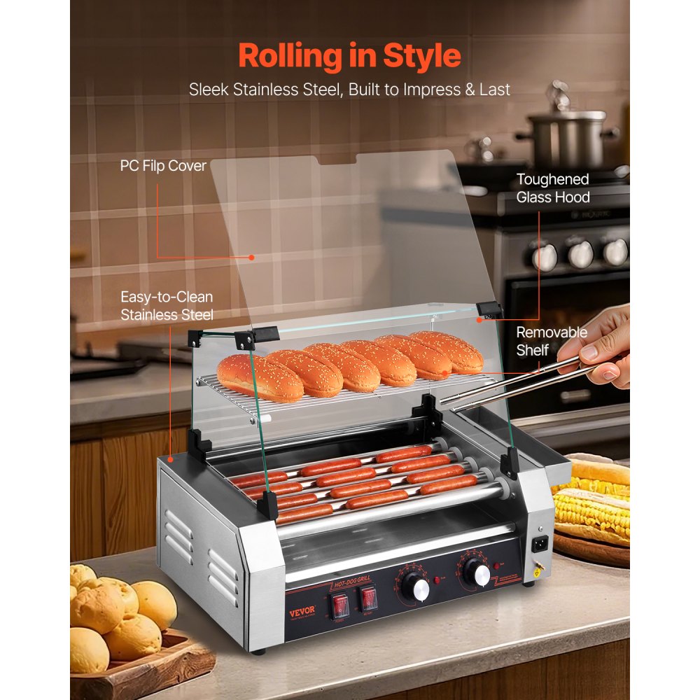 ASQ005 - Commercial 12 Roller Electric Hot Dog Grill with Glass Hood