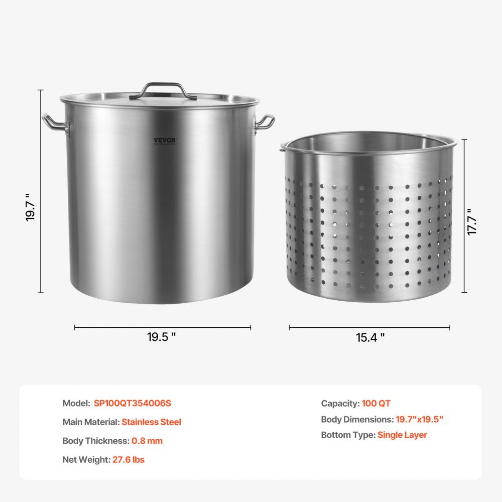 SP100QT505006S - 100QT Heavy-Duty Stainless Steel Stockpot with Strainer Basket