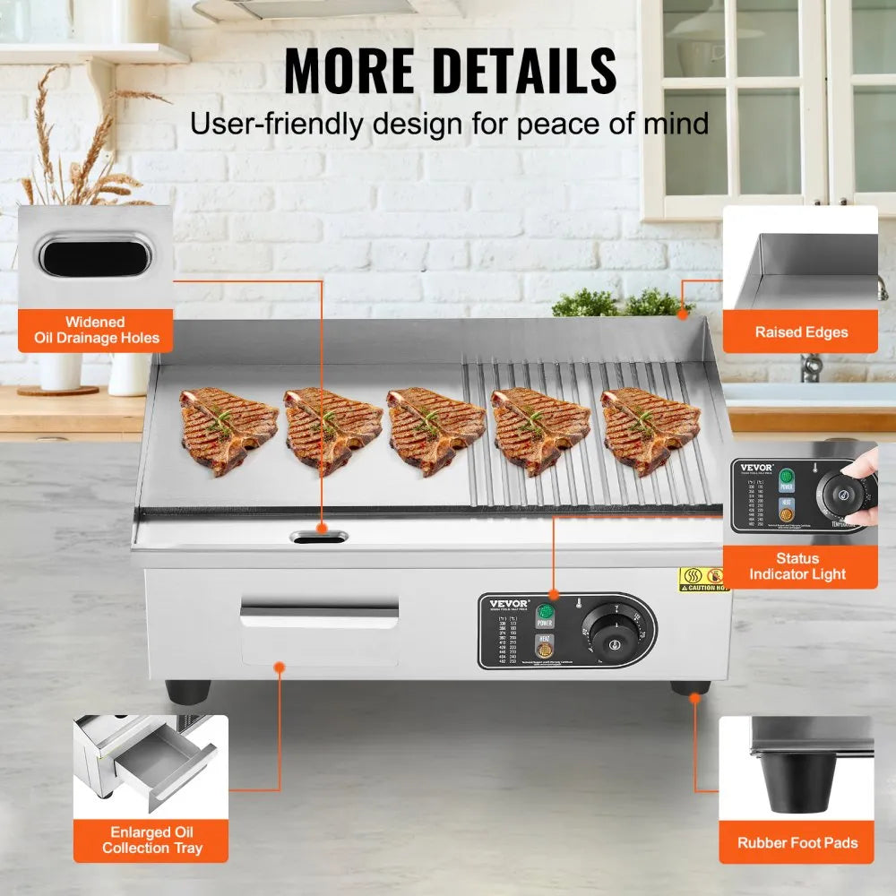 HT-821 - VEVOR 1600W Commercial Electric Griddle with 122℉-572℉ Temp Control