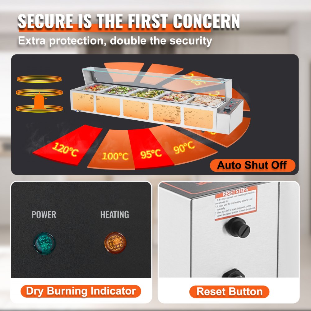 SC-TC-215 - 5-Pan Stainless Steel Food Warmer with Glass Cover & Protection