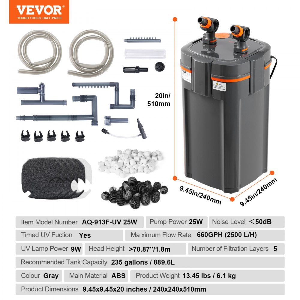 AQ-913F-UV 25W - Ultra-Quiet 660GPH Aquarium Filter with UV Light
