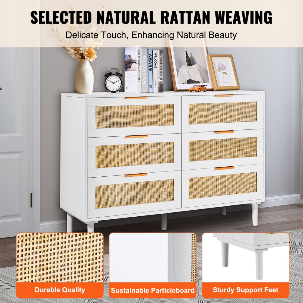 SR191630WT - Rattan Dresser with 6 Drawers & Sturdy Wooden Structure