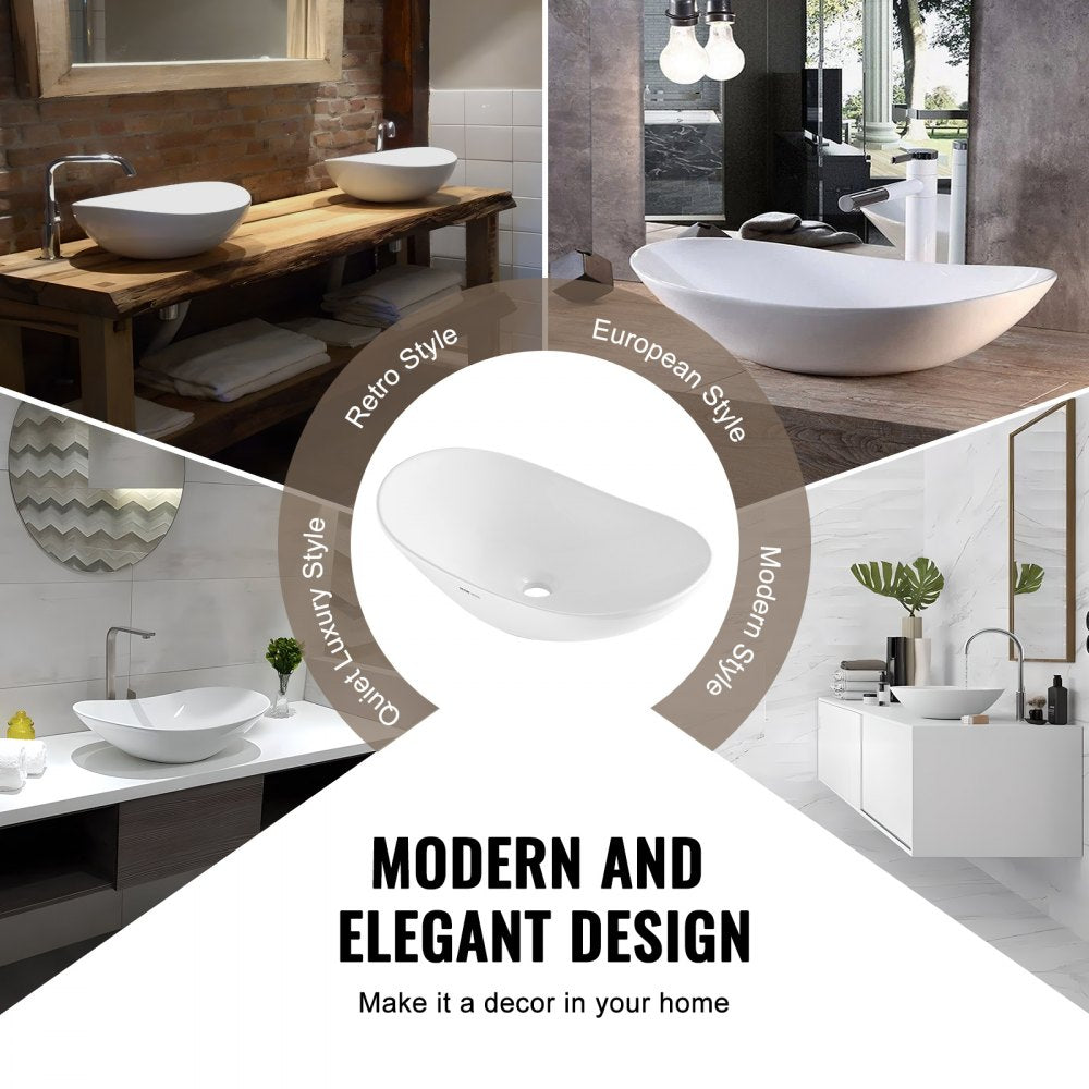 RS1196 - Modern 23.3" Ceramic Vessel Sink with Deep Design and Easy Drainage