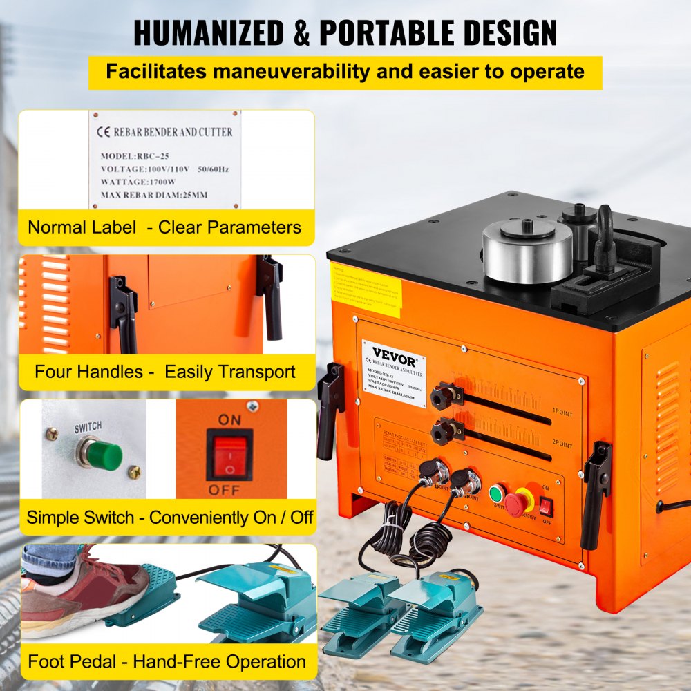 RB-32 - 3000W Rebar Bender, 0.24''-1.26'' Diameter, 180° Flexion Angle