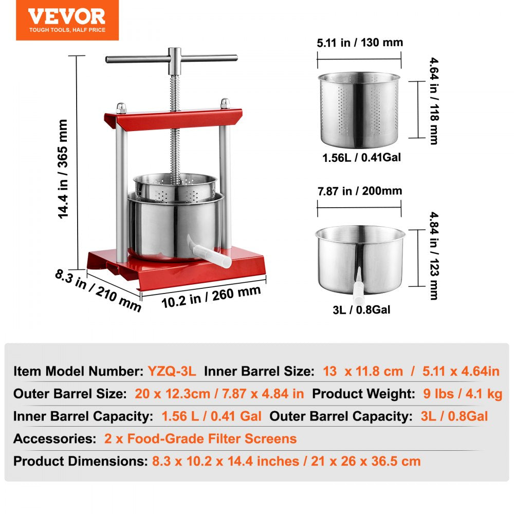 YZQ-3L - Stainless Steel 3L Fruit Wine Press for Juicing & Cider