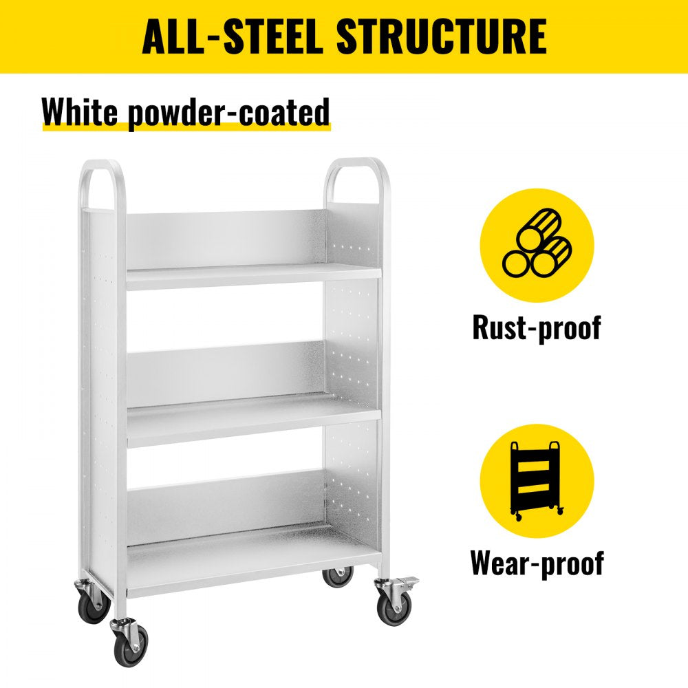 010365499641 - Heavy-Duty 200lbs Rolling Book Cart with 3 Shelves