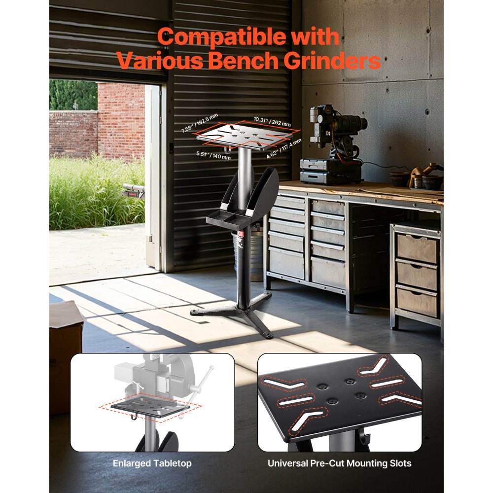 GS-E - Adjustable Bench Grinder Stand with 12"x10" Plate & Tool Storage