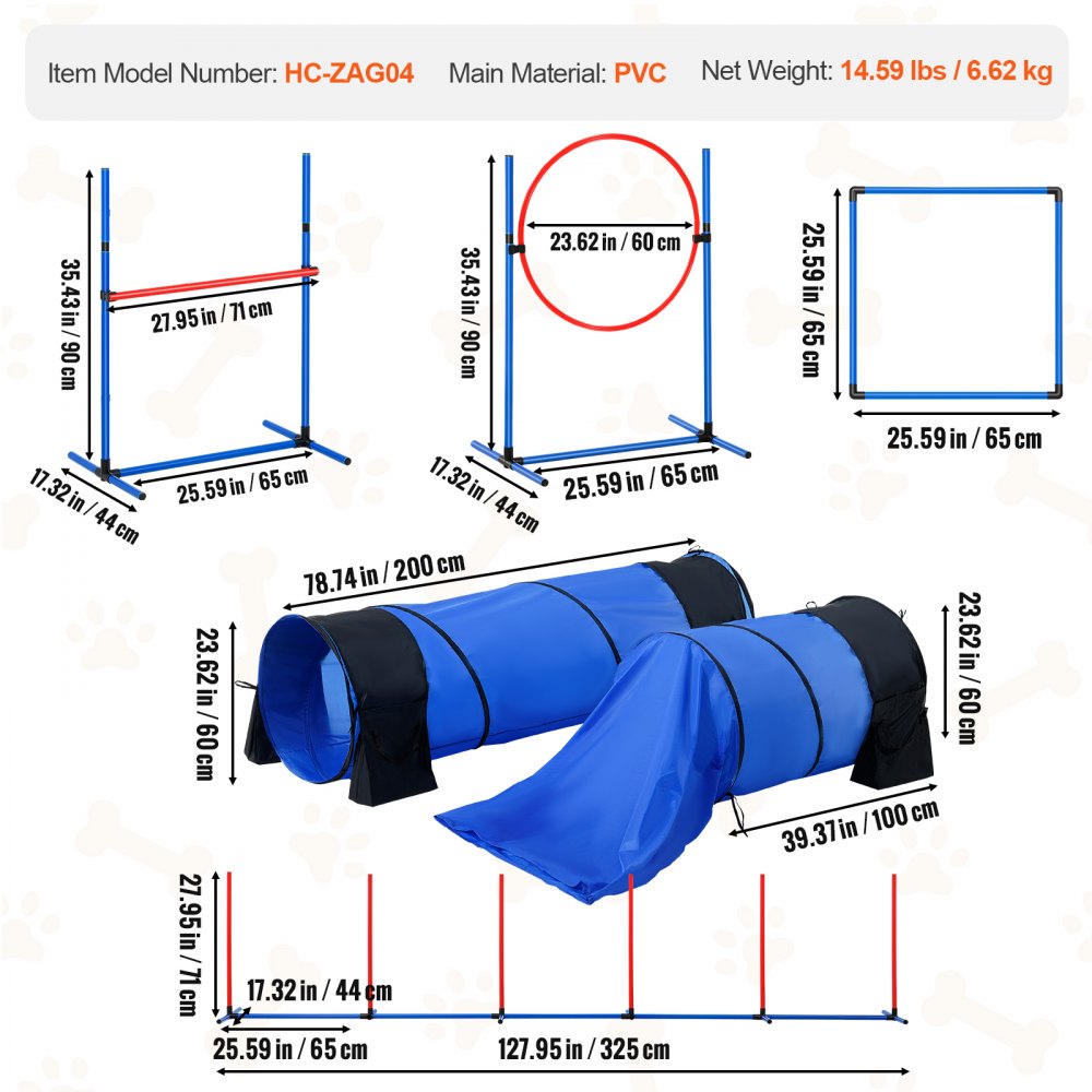 HC-ZAG04 - 7-Piece Dog Agility Training Kit with Hurdles & Tunnels