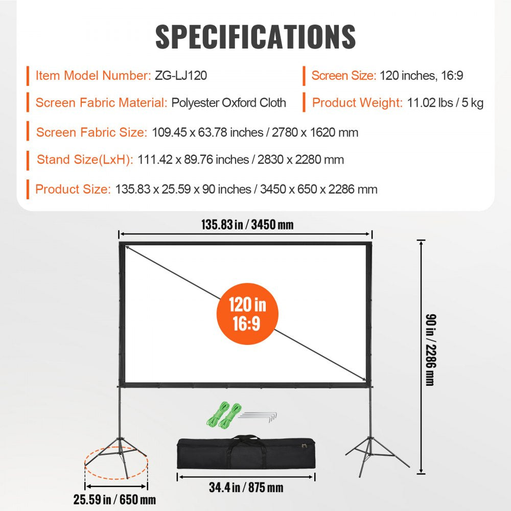 ZG-LJ120 - 120" 4K Outdoor Projector Screen with Stand and Ground Stakes