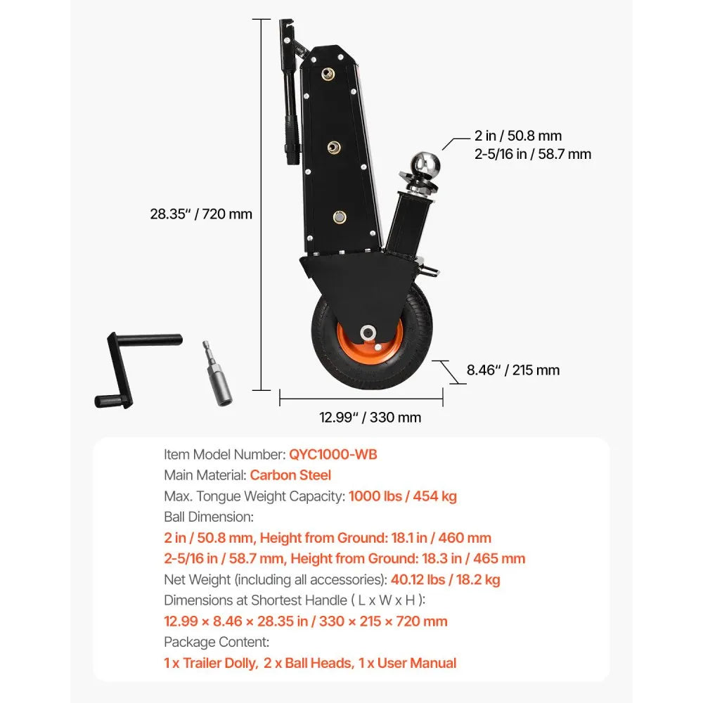 QYC1000-WB - Heavy-Duty Trailer Dolly with Electric Wrench Drive, 1000lbs Capacity
