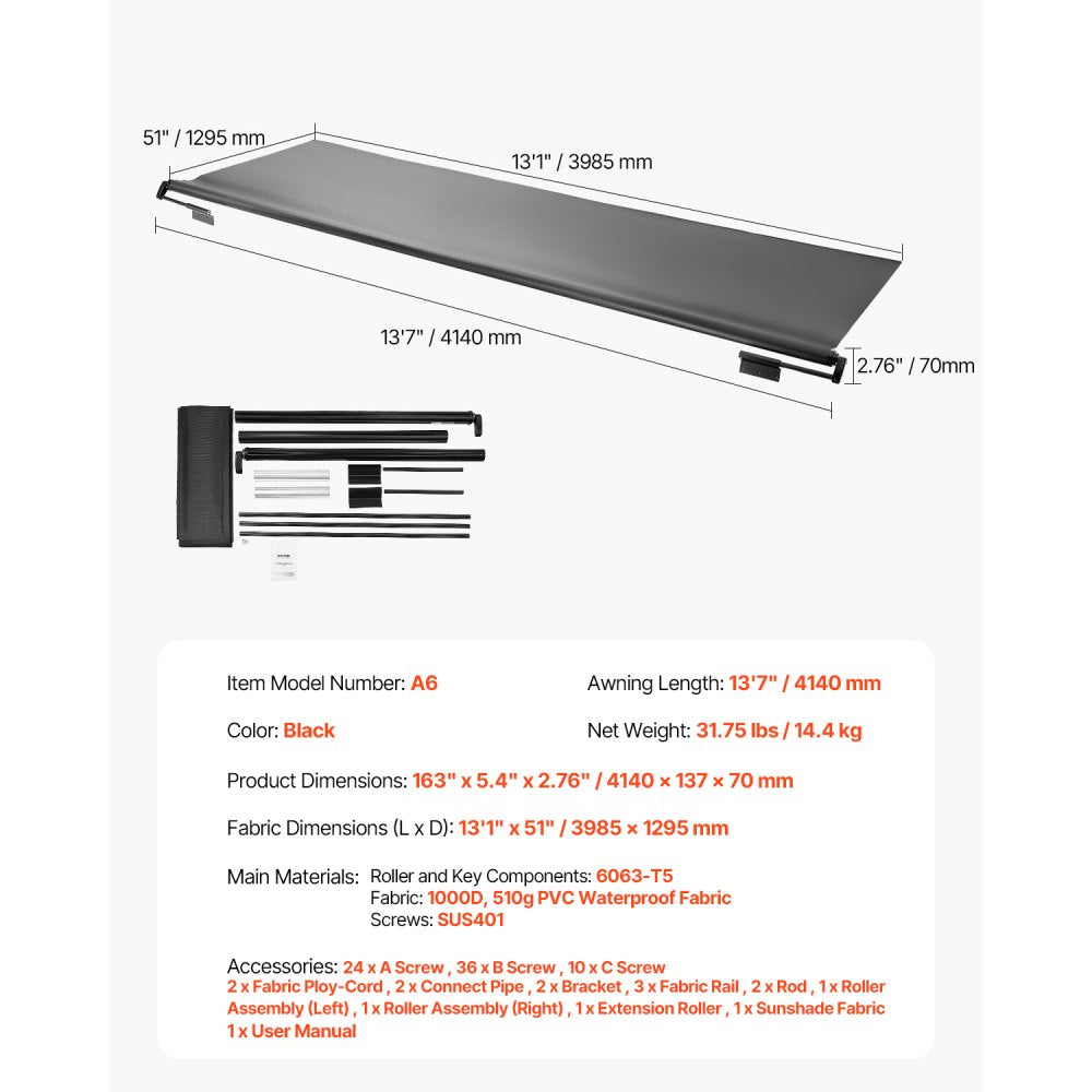 A6 - 13' Waterproof PVC RV Awning with Stainless Steel Brackets