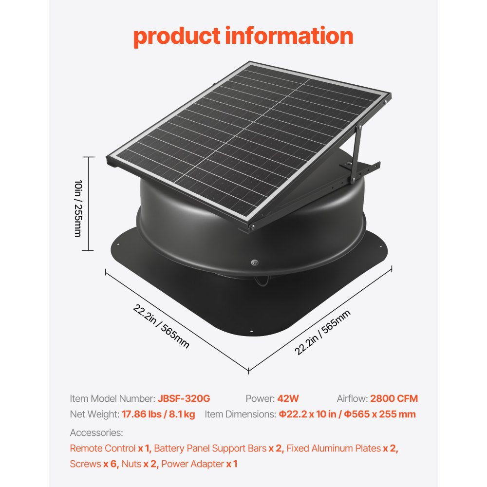 JBSF-320G - Solar-Powered Attic Fan with Smart Thermostat, 1230 CFM