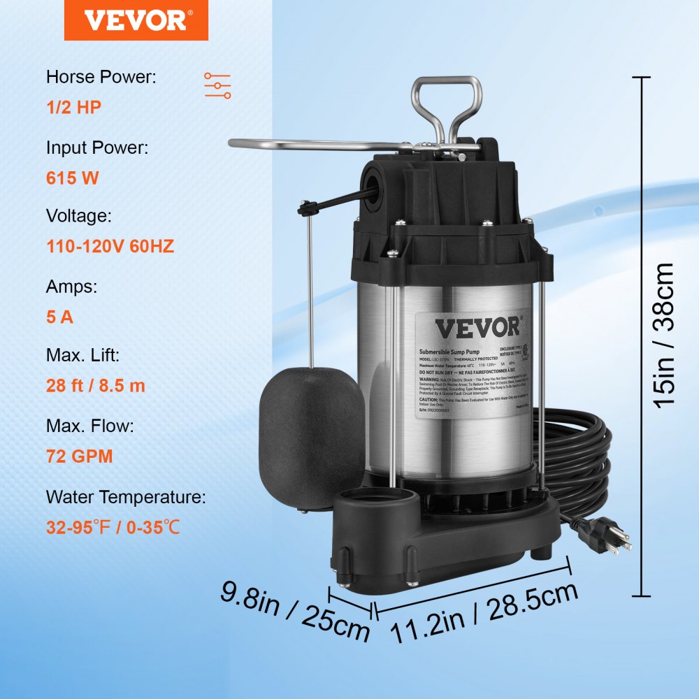 LSC-371PS - Heavy-Duty 1/2 HP Submersible Sump Pump, 4320GPH Flow Rate