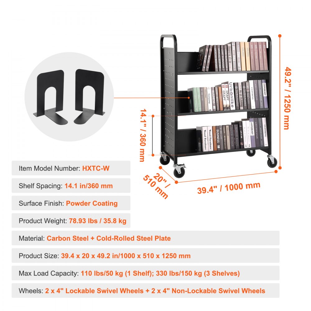 HXTC-W - Double-Sided Black Book Cart for 330 lbs of Books