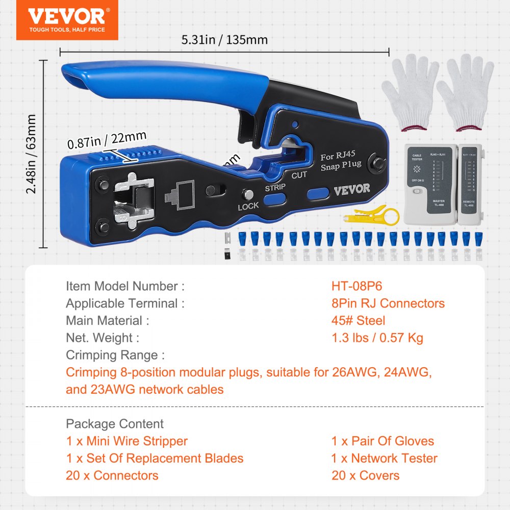HT-08P6 - VEVOR 3-in-1 Crimp Tool Kit for Cat5e & Cat6 Cables