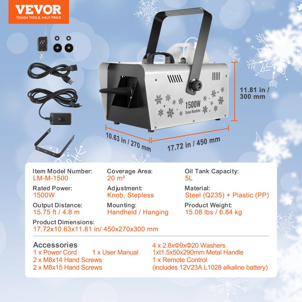 LM-M-1500 - 1500W VEVOR Snow Machine with 5L Tank & 3-5m Range