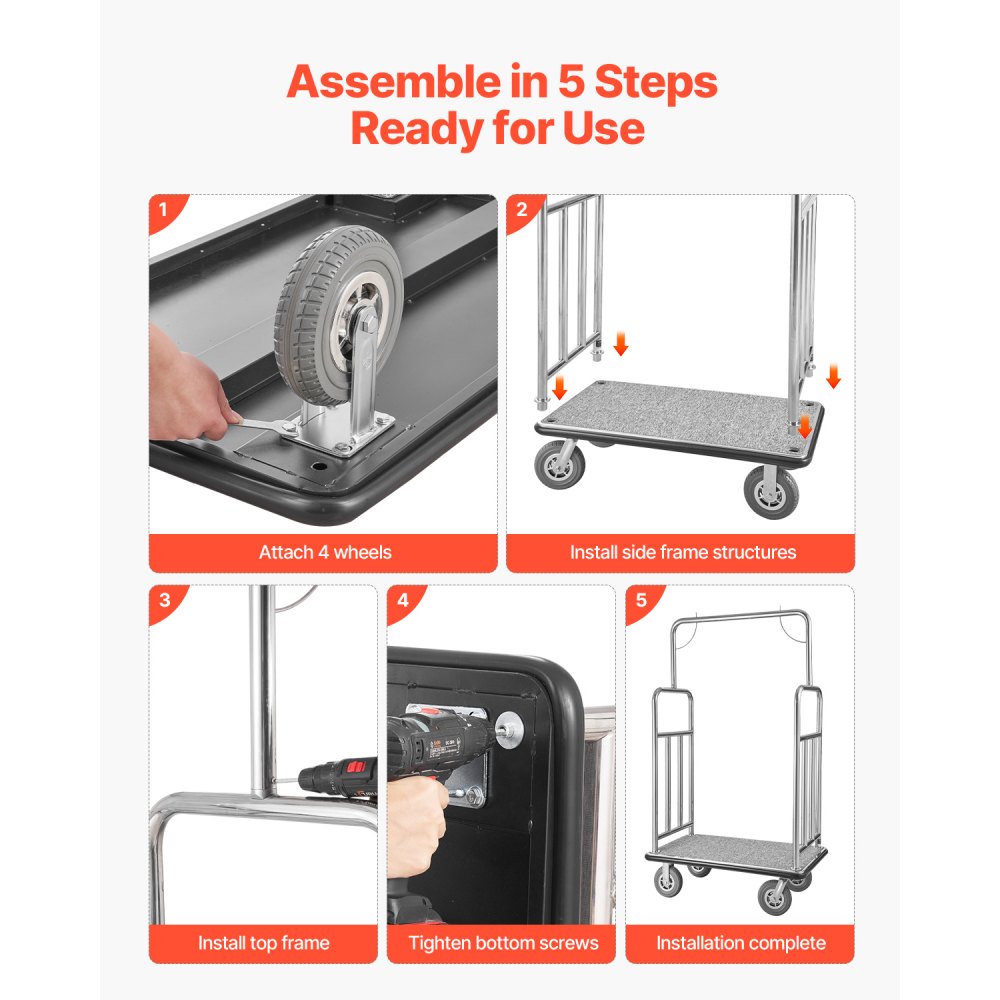 X-112 - Durable 1200 lbs Stainless Steel Luggage Cart with Smooth Wheels