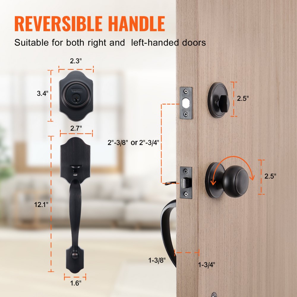20185-AC - Antique Copper Door Lock Set with Adjustable Spacing and Reversible Handle