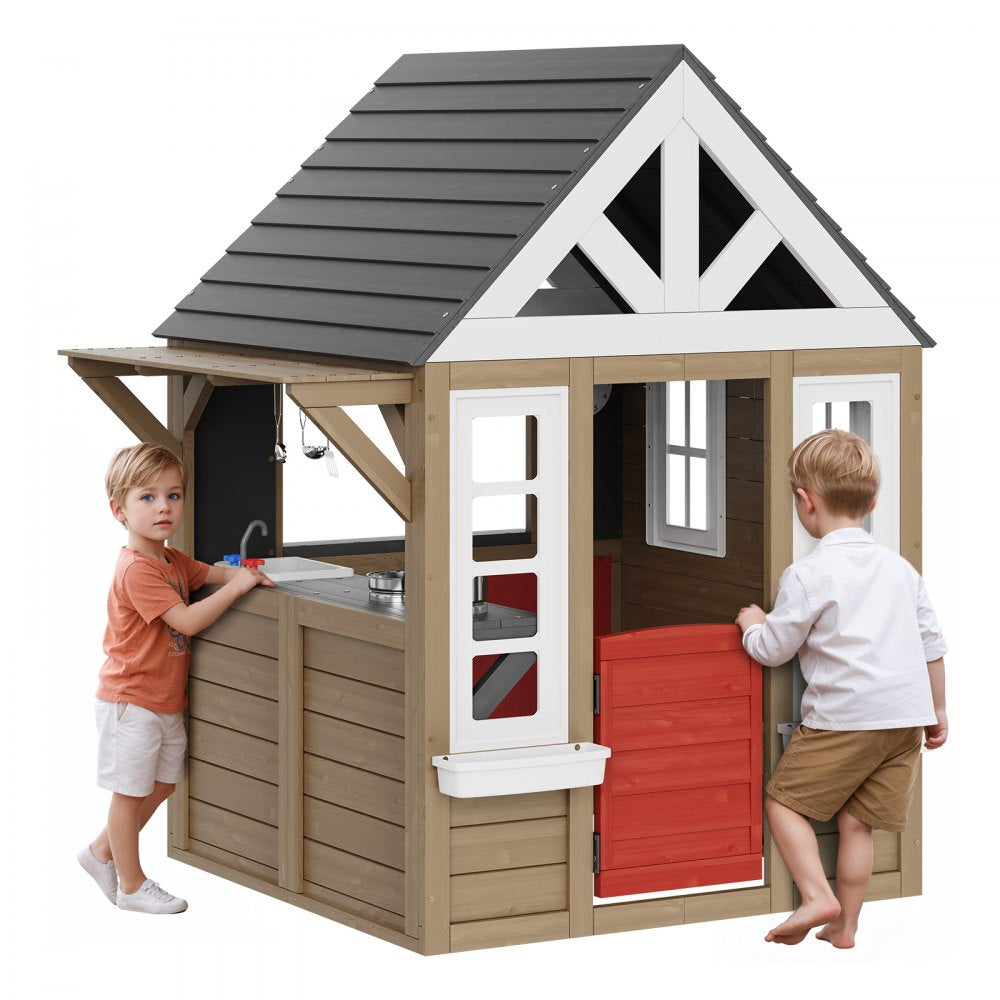 TLG91001 - Weather-Resistant Wooden Playhouse with Kitchen for Ages 2-8