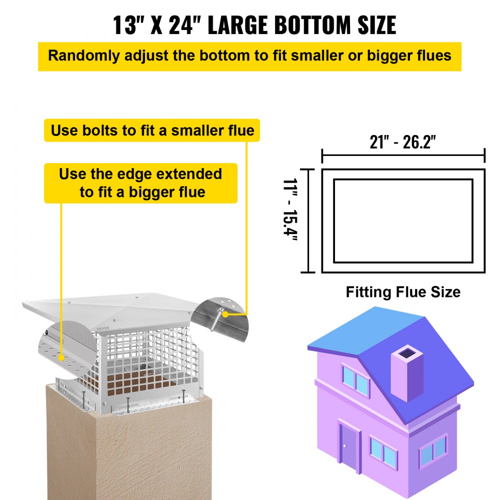 VV-YCZ-1324 - 13" x 24" Stainless Steel Chimney Cap with Spark Arrestor