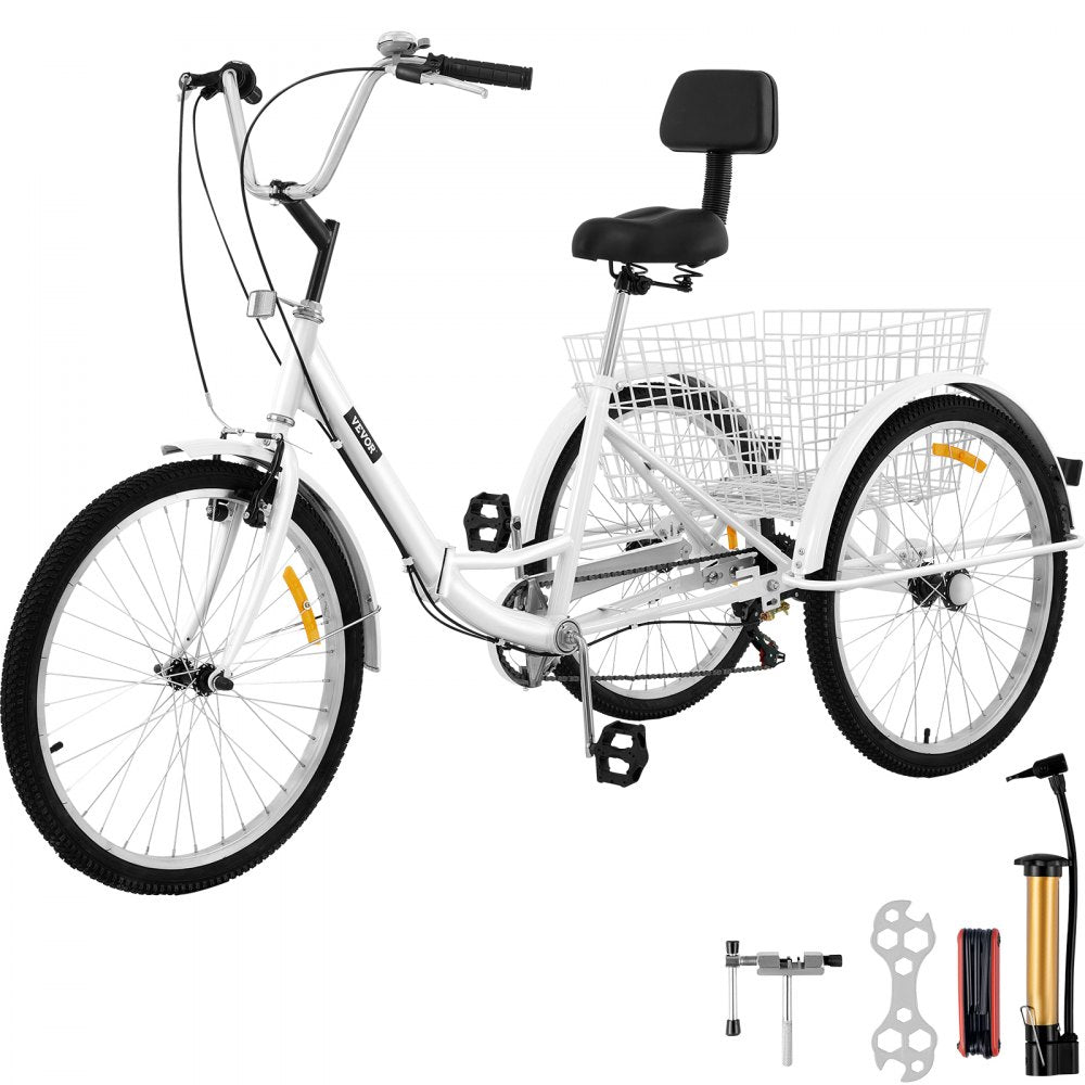24IN-7S-WHITE - Adult Folding Tricycle with Rear Basket, 7-Speed Gear System