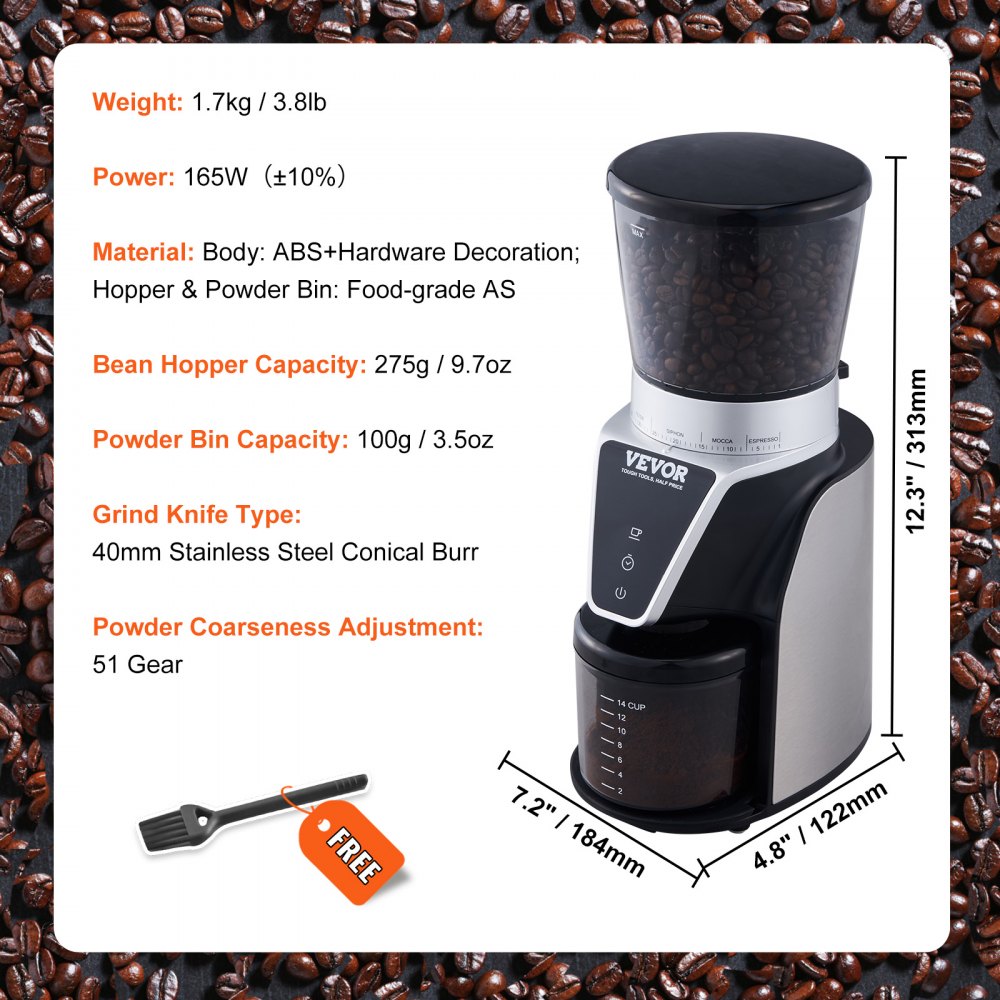 BD-CG001 - 40mm Stainless Steel Burr Coffee Grinder with 51 Settings