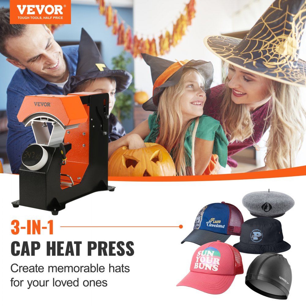 F136 - VEVOR 3-in-1 Hat Heat Press with Enlarged Heating Plate