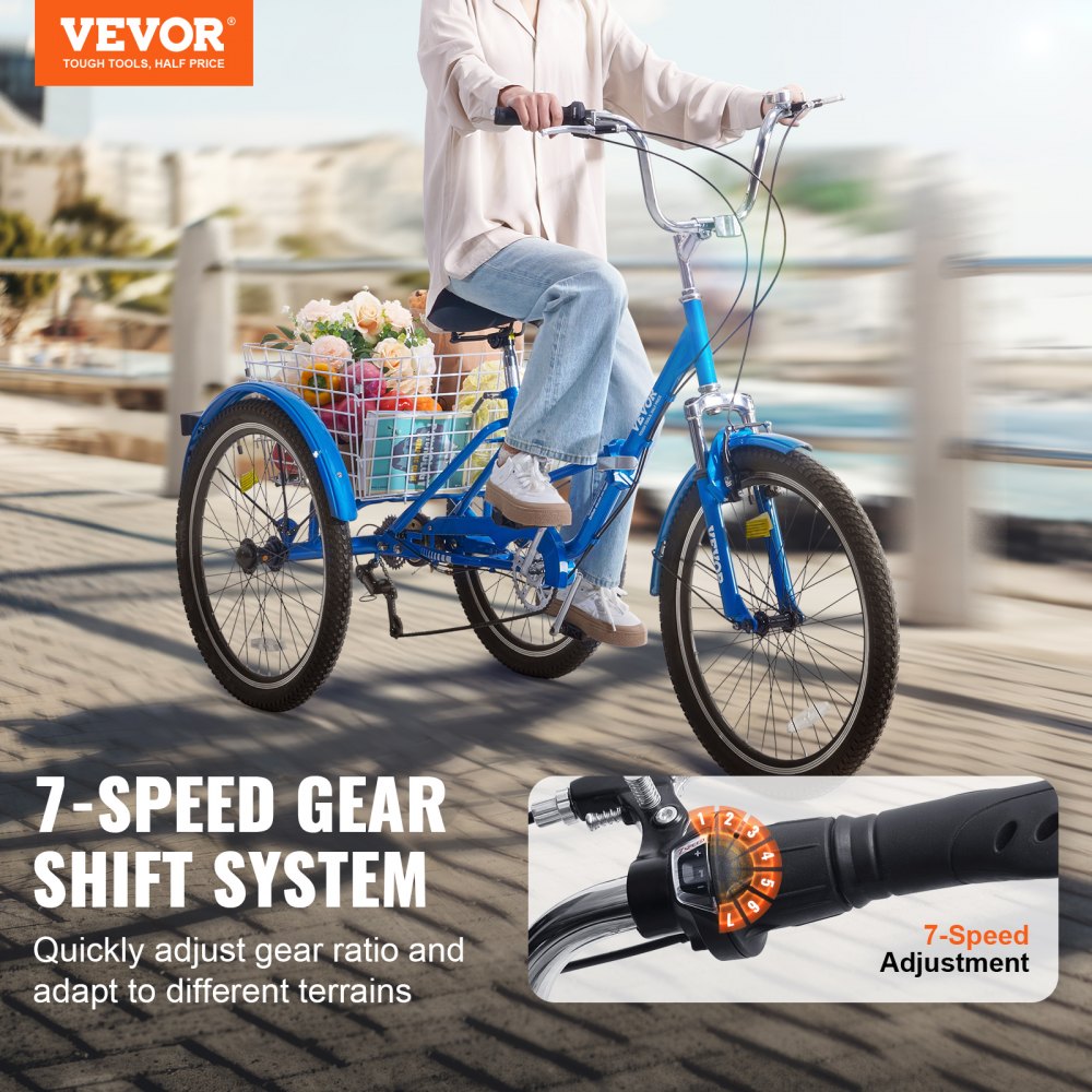 SS002-5C - VEVOR 24-Inch 7-Speed Folding Tricycle with Basket