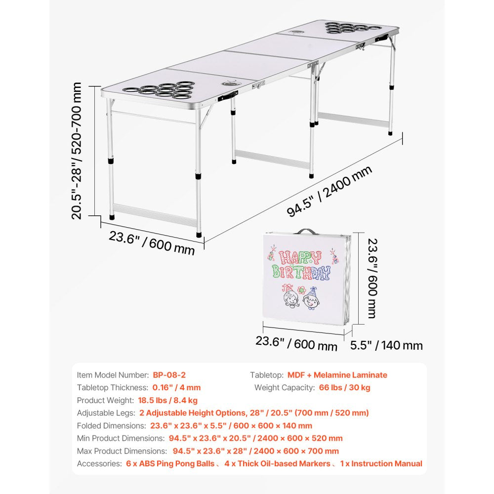 BP-08-2 - 8ft Foldable Beer Pong Table with Adjustable Height
