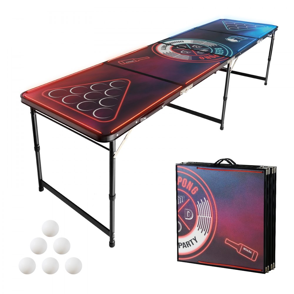 BP-01-LED - 8ft Foldable Beer Pong Table with LED Lights and Storage