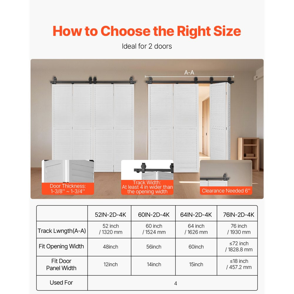 76IN-2D-4K - Heavy-Duty 76" Bi-Folding Barn Door Hardware Kit