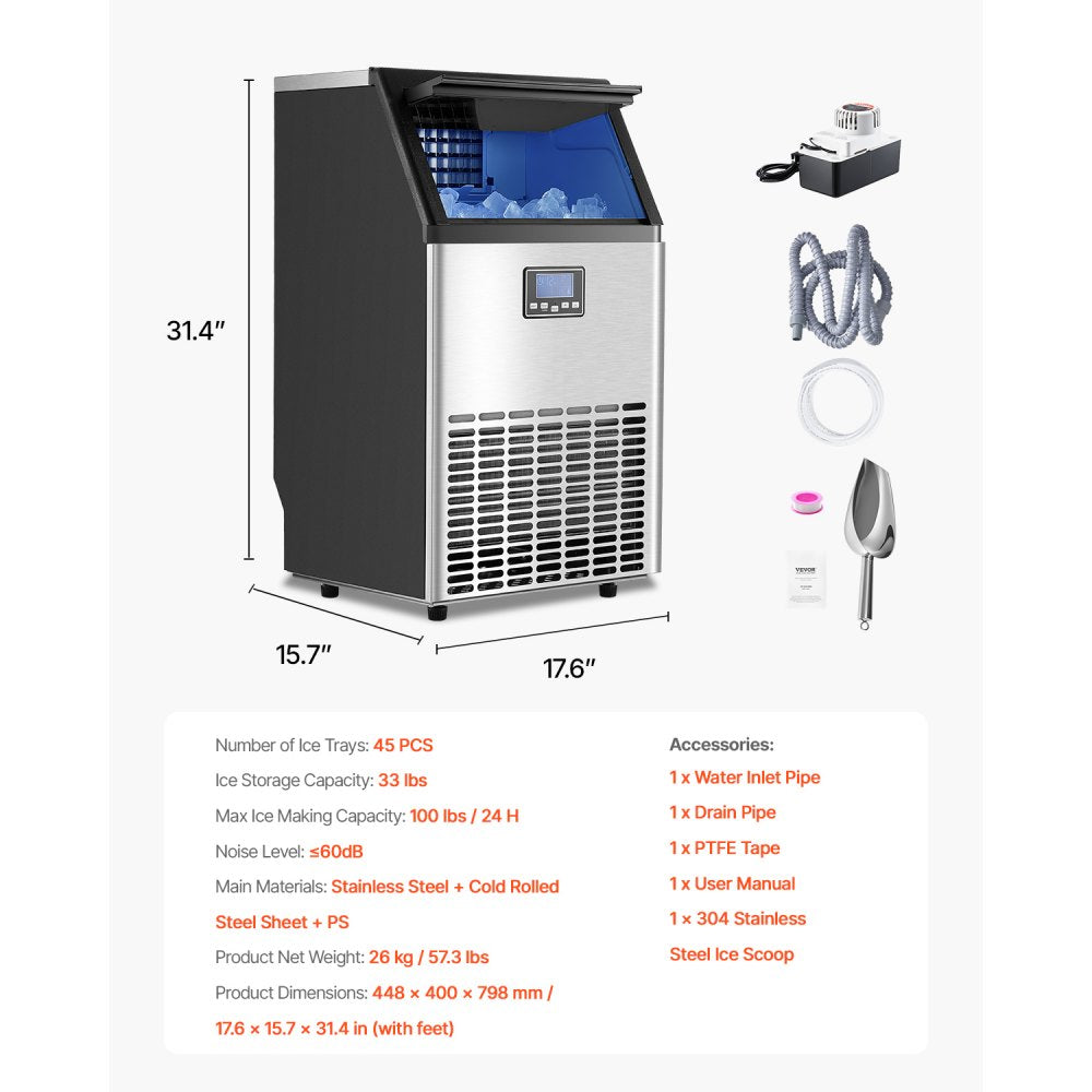 HZB-45 - 100 lbs Daily Ice Maker with Self-Cleaning Function