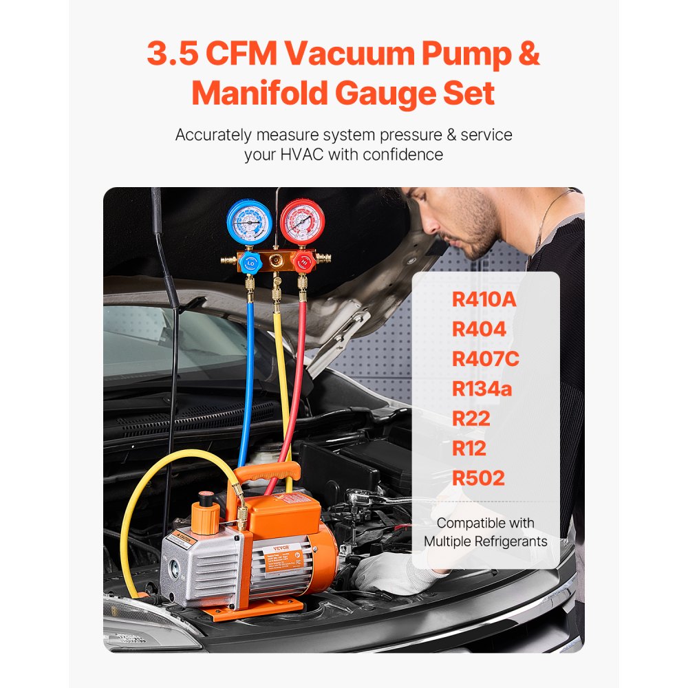 VP125 - 3.5CFM Vacuum Pump & Manifold Gauge Kit with R134a Couplers