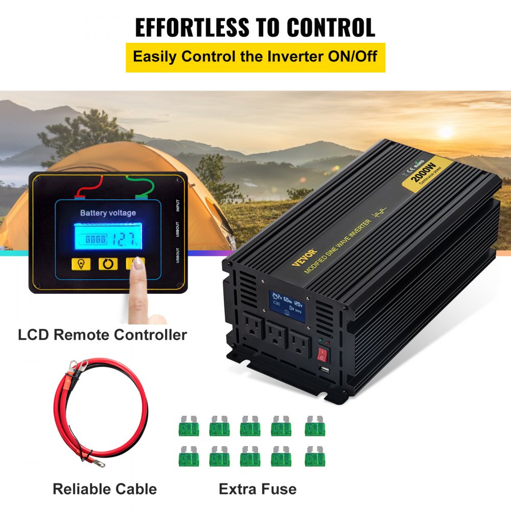 GYM-2000W - 2000W 24V-120V Inverter with LCD, Cooling Fan & Remote Control