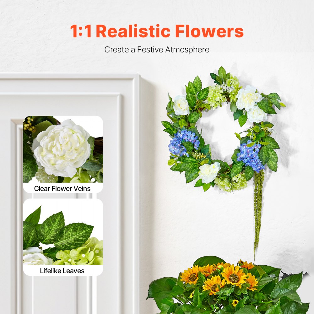WA53361 - 23" Silk Floral Wreath in Blue, White & Green for Year-Round Decor