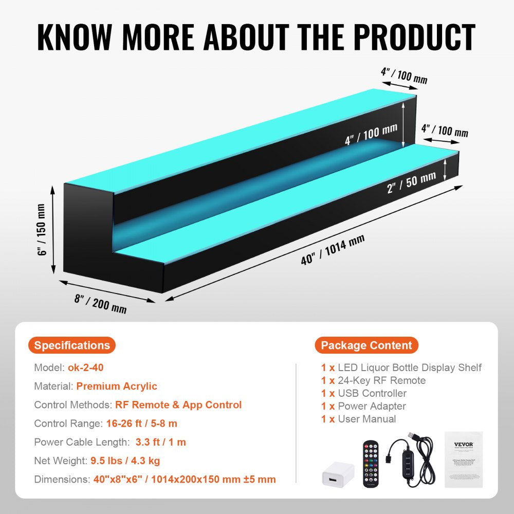 2 Layer 40 Inches - Premium 40-Inch LED Liquor Display Shelf with Remote Control