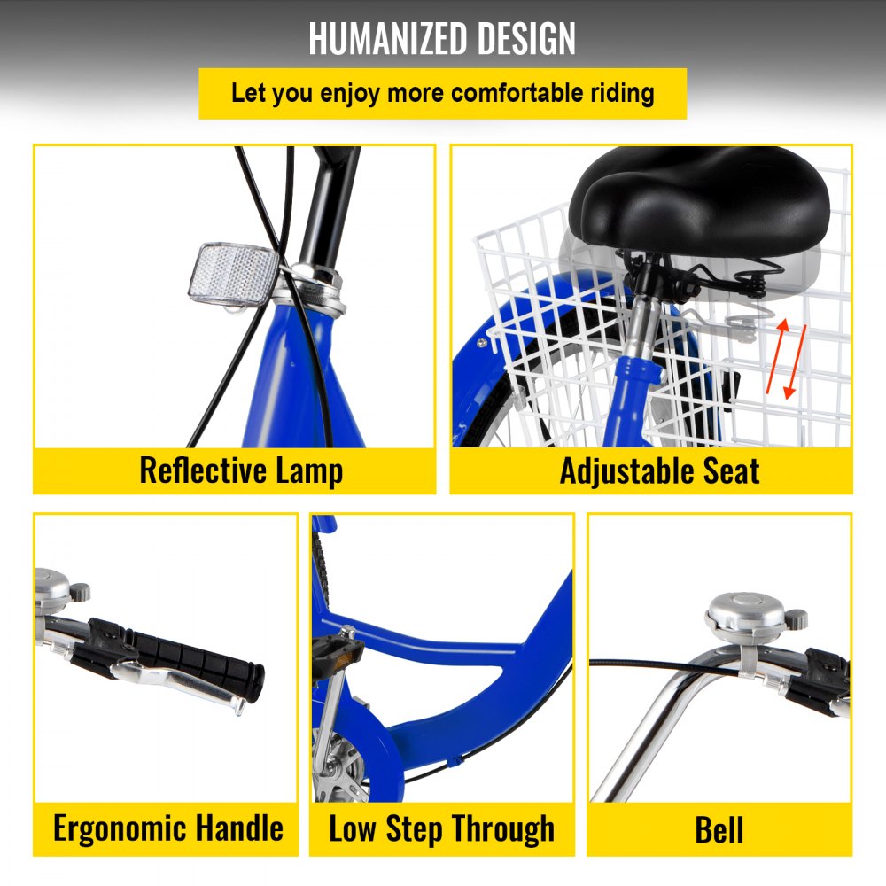 010225000976 - 24" High Carbon Steel Adult Tricycle with Spacious Basket