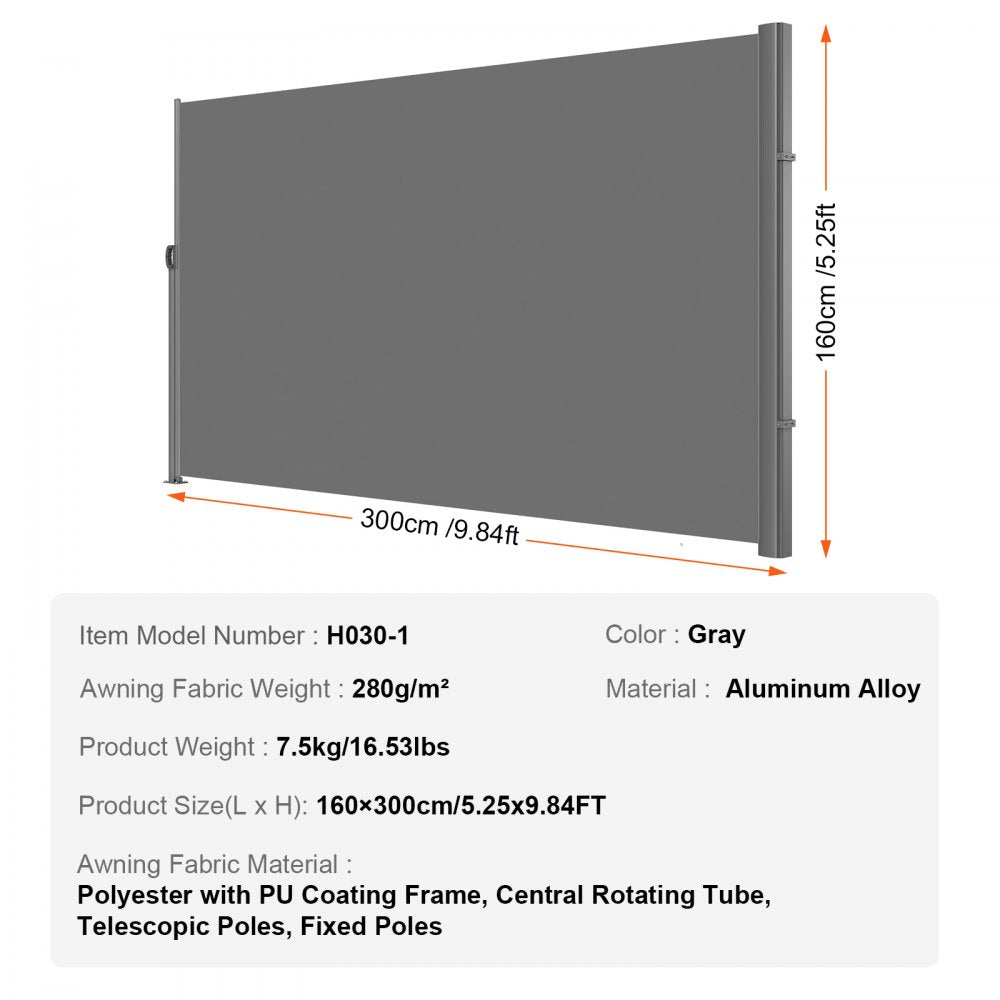 H030-1 - 63"x118" Rust-Proof Retractable Awning for Outdoor Privacy