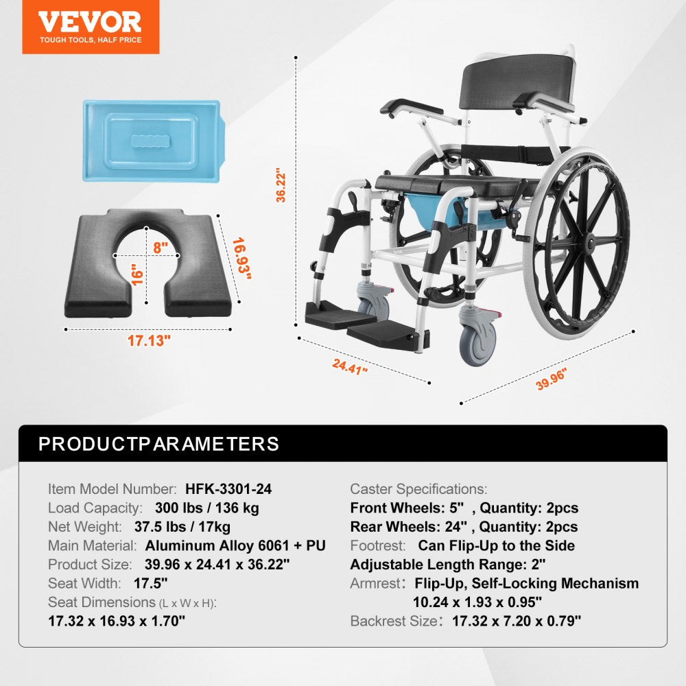 HFK-3301-24 - Versatile Shower Wheelchair with Cushioned Seat for 300 lbs