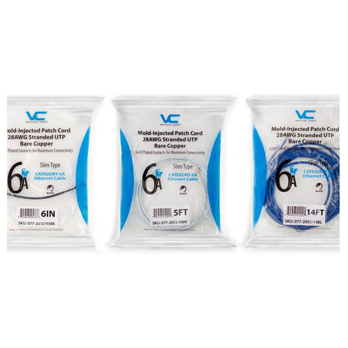 Vertical Cable 077-2080/10WH 28AWG CAT6A 10ft Stranded BC Mold-Injection-Snagless Patch Cord Slim Type White