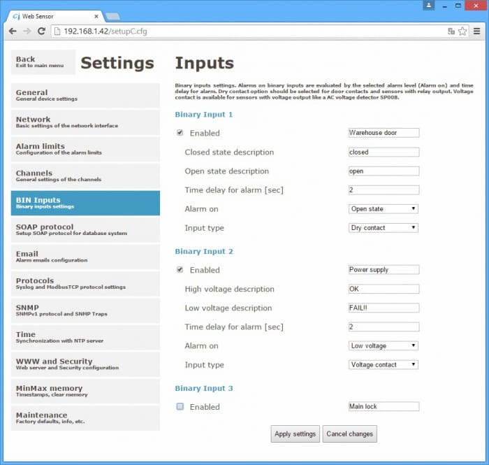 Web Sensor - two channels with binary inputs