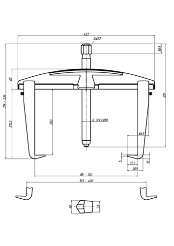 1981161 - Heavy-Duty 2-Armed Puller with Integrated Leg Brake, 350 x 200 mm