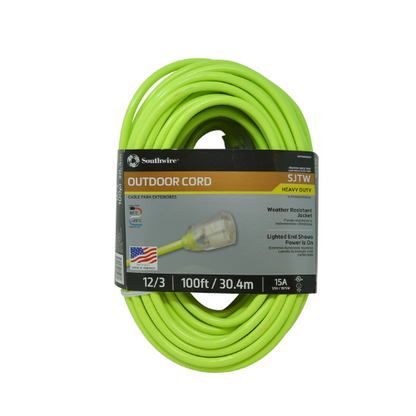 100' FT 12/3 SJTW Cool Green Outdoor Extension Cord With Power Light Indicator 2579SW000X (Pack of 4)