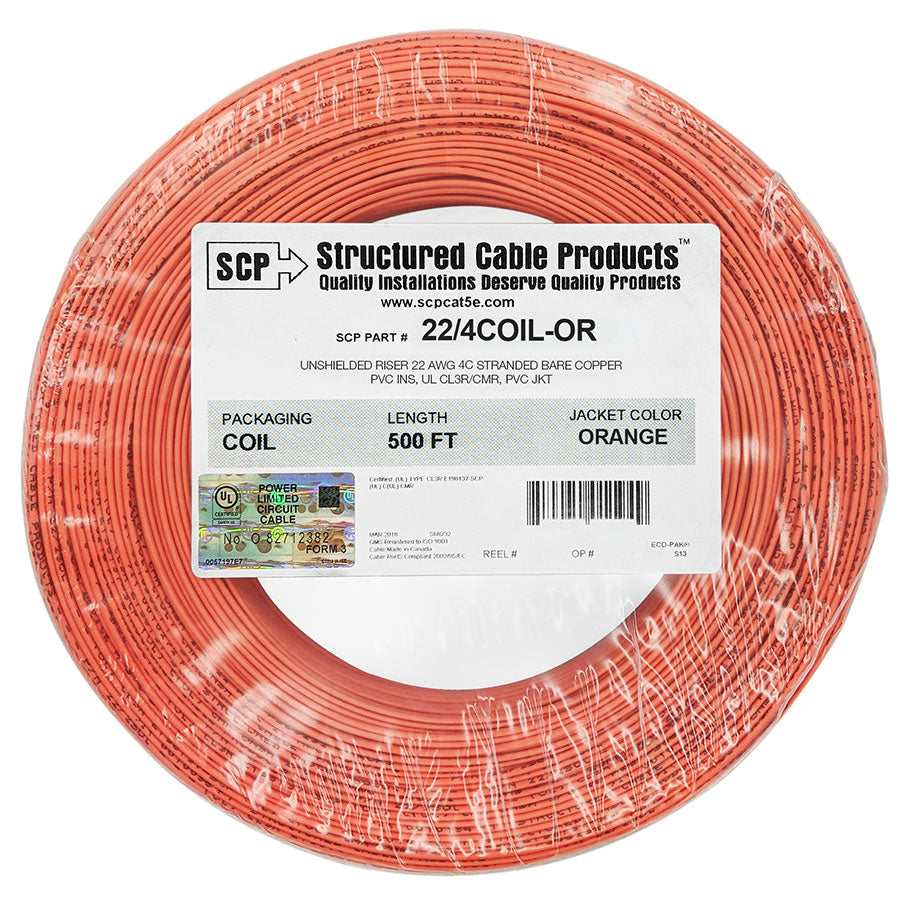 22/4COIL-OR 4C/22 AWG STRANDED PVC COIL PACK Security Alarm Cable ORANGE – 500 FT