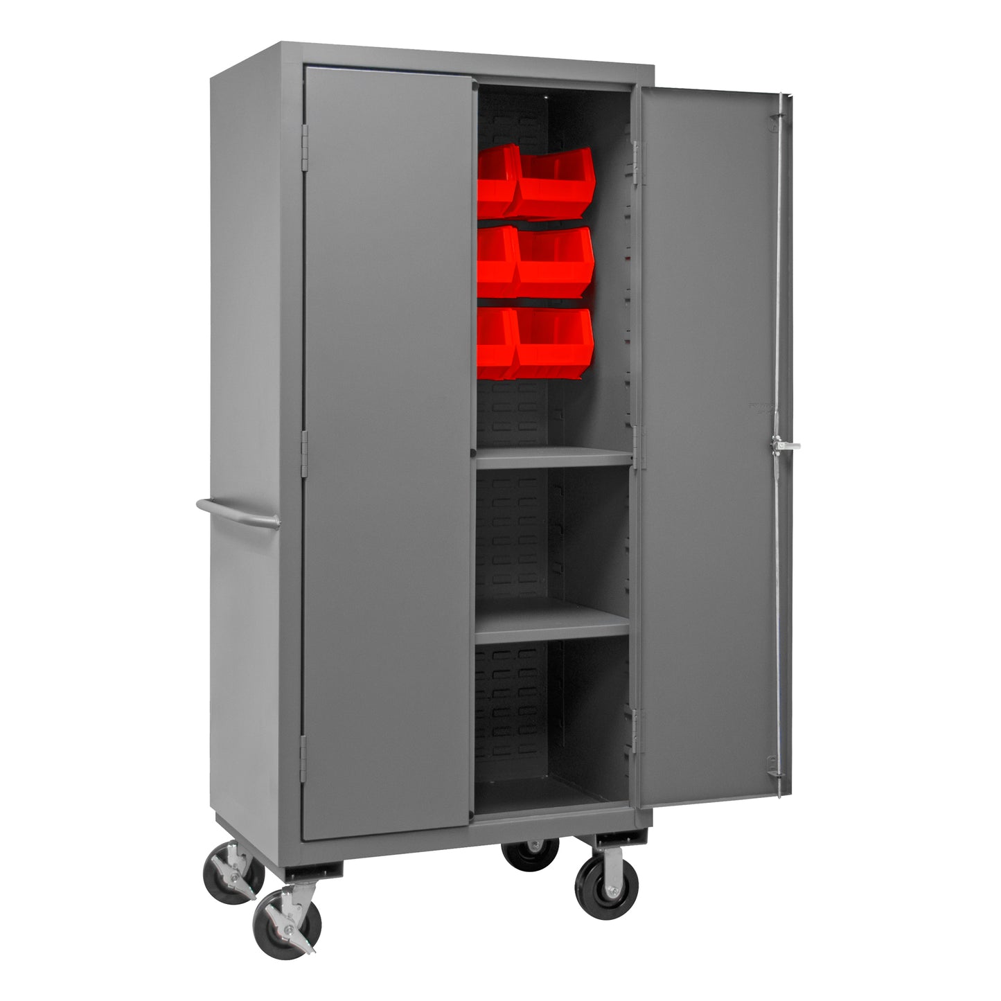 2501M-BLP-12-2S-1795 Mobile Cabinet, 16 Gauge, 2 Shelves, 12 Red Bins